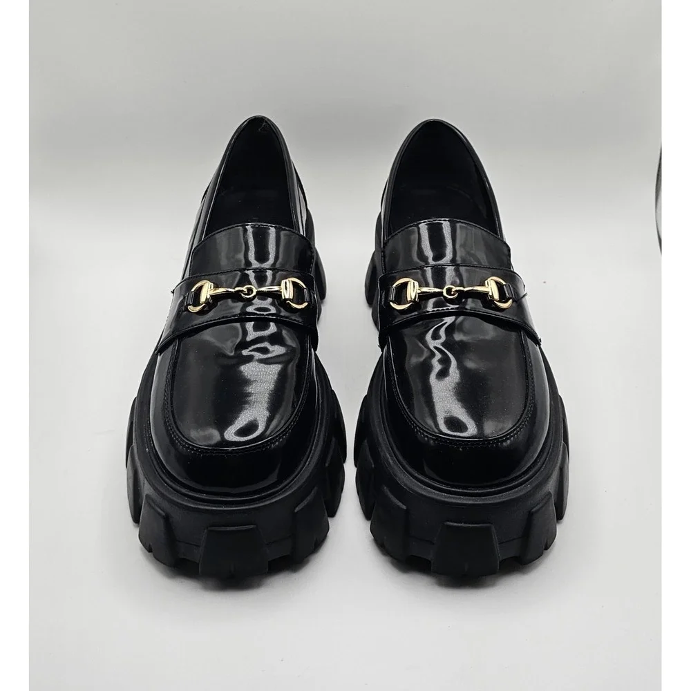 Princess Polly Black Chunky Lug Sole Loafers Platform Shoes Size 9 Horsebit